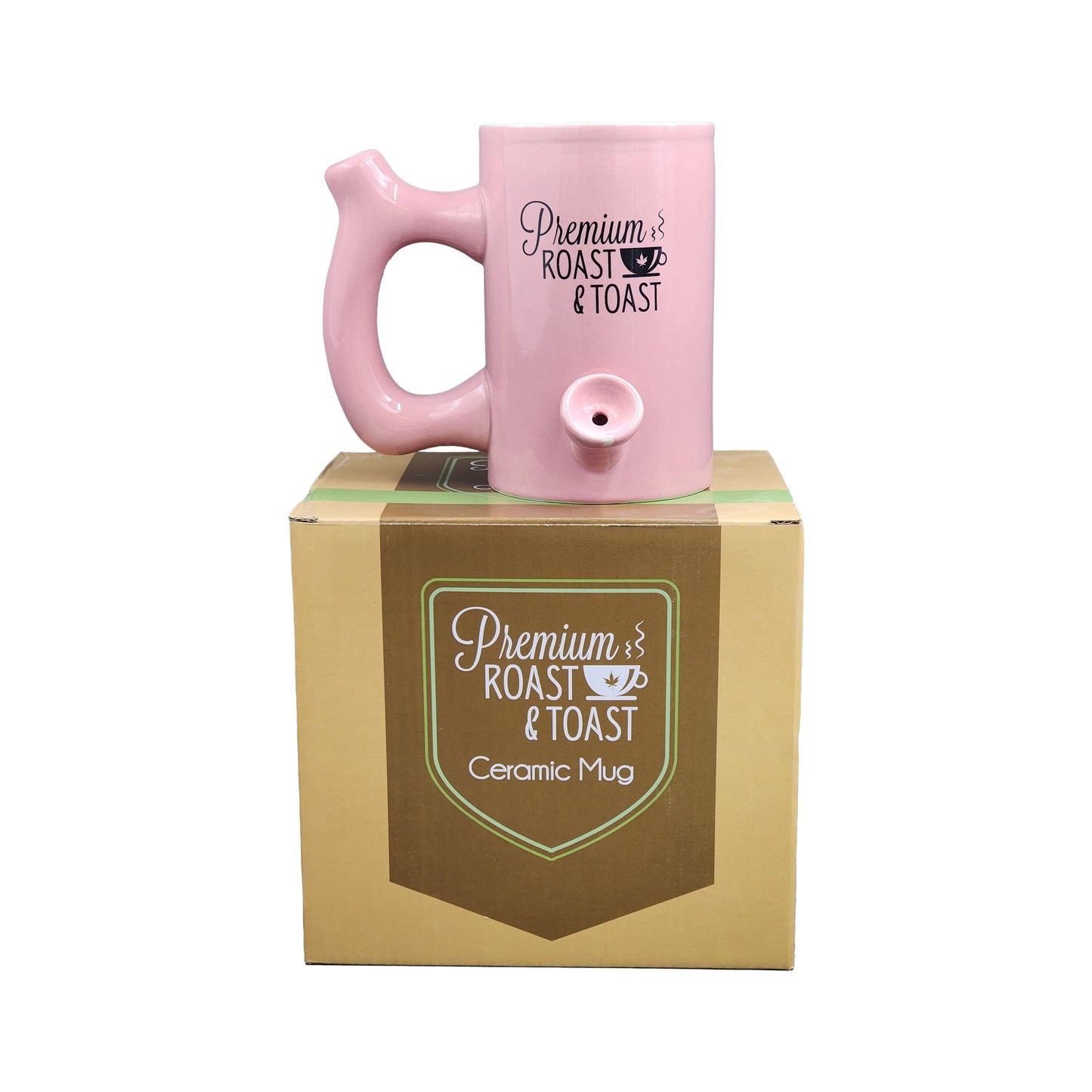 Pink roast & Toast mug with black logo