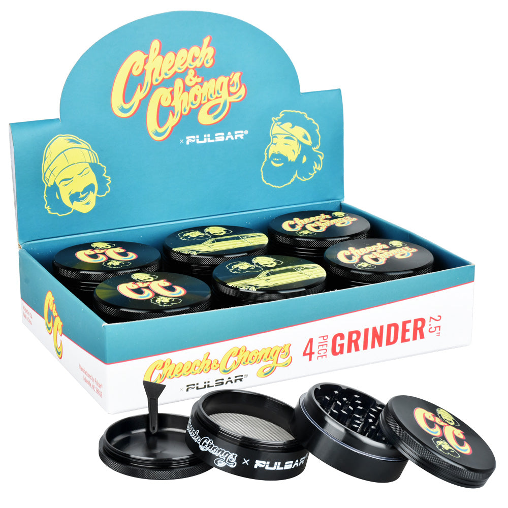 6PC DISPLAY - Cheech & Chong's x Pulsar Metal Grinder - Black / 4pc / 2.5"