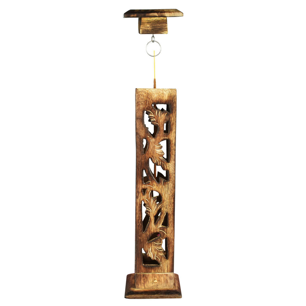 12" Carved Wood Square Tower Incense Burner w/Slide-Out Ashcatcher