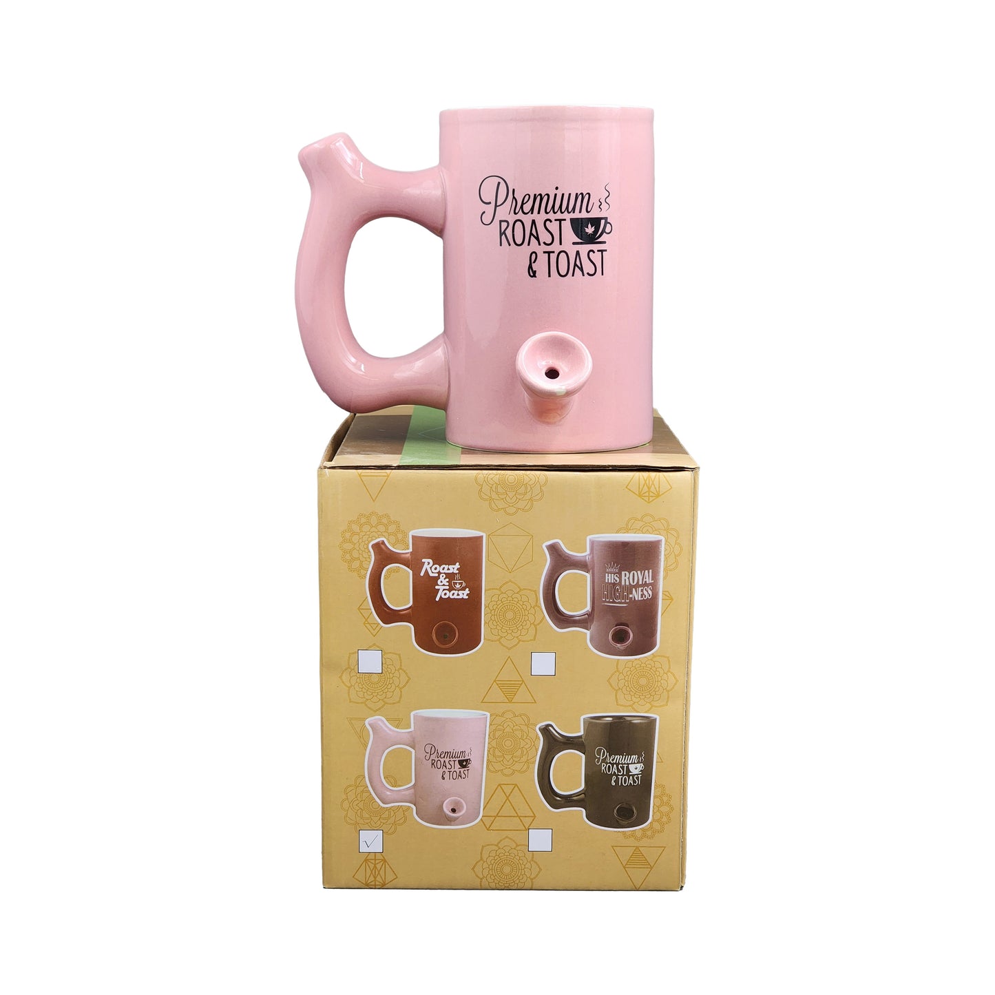 Pink roast & Toast mug with black logo