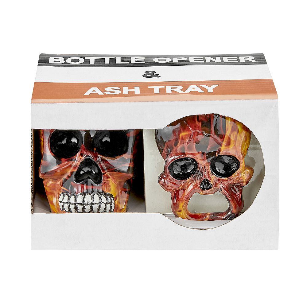 SKULL ASHTRAY AND OPENER SET - flame design