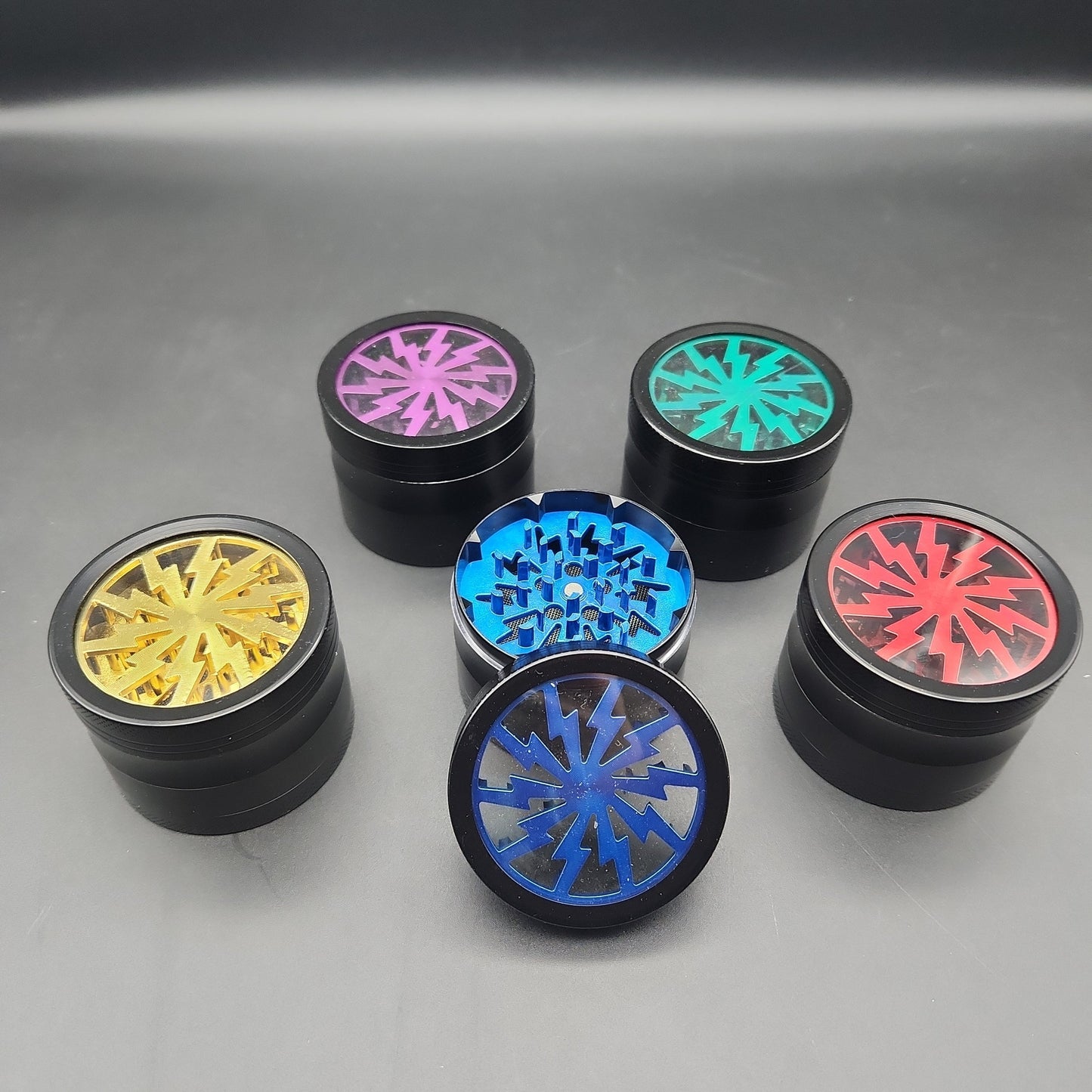 4 Part Lightning Herb Grinder Aluminum w/ Acrylic Window - 60mm