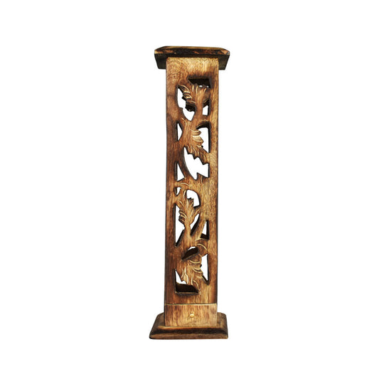 12" Carved Wood Square Tower Incense Burner w/Slide-Out Ashcatcher