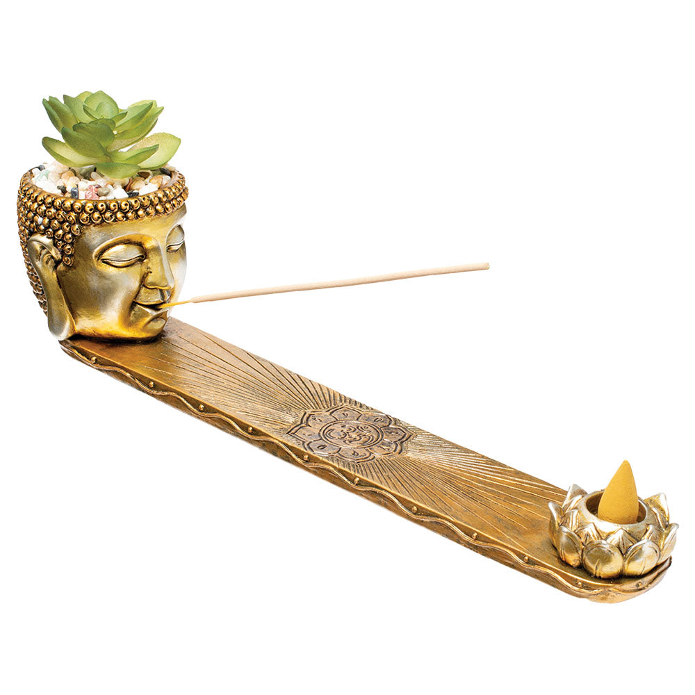 Fujima Buddha Incense Burner with Faux Plant - 12.5"