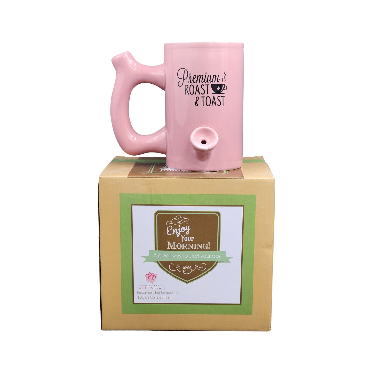 Pink roast & Toast mug with black logo